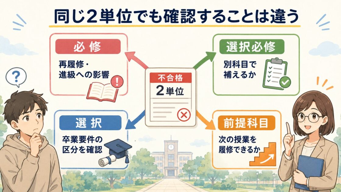 同じ2単位の不合格でも、必修、選択必修、選択、前提科目によって確認内容が異なる図解