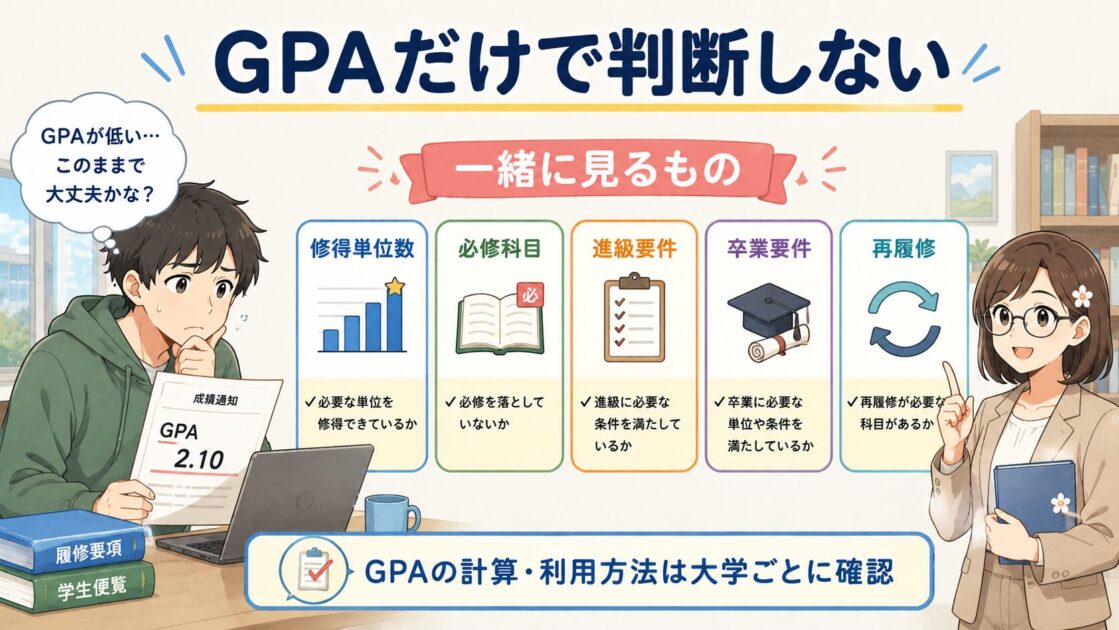 GPAと一緒に修得単位数、必修科目、進級要件、卒業要件、再履修を確認する図解