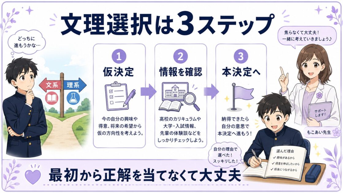 文理選択を仮決定、情報確認、本決定の3段階で進める方法を示した図