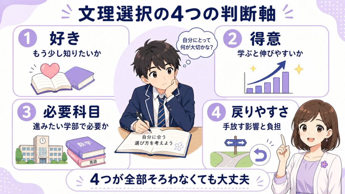 文理選択を好き、得意、必要科目、戻りやすさの4つの判断軸で考える図
