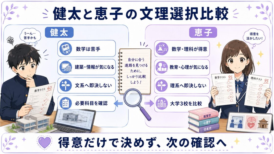 数学が苦手でも建築や情報に興味がある健太と、理系科目が得意でも教育や心理に興味がある恵子の比較図