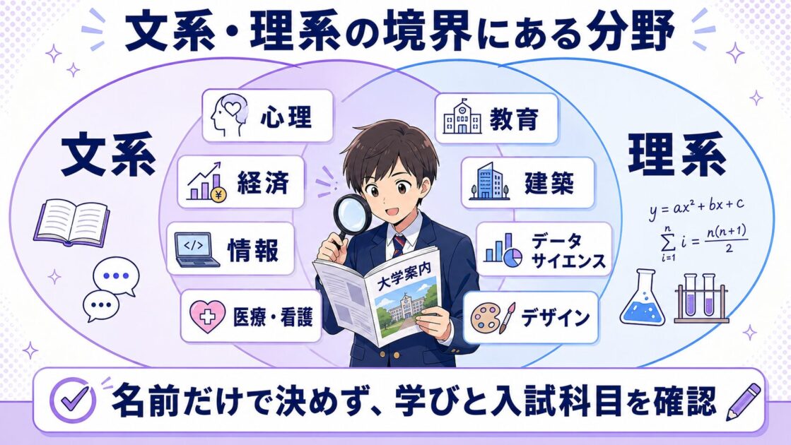 心理、教育、経済、建築、情報など文系と理系の両方に関わる分野を示した図