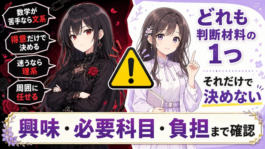 悪もこあい先生が文理選択の危険な決め方を示し、もこあい先生がそれだけで決めないよう注意する図