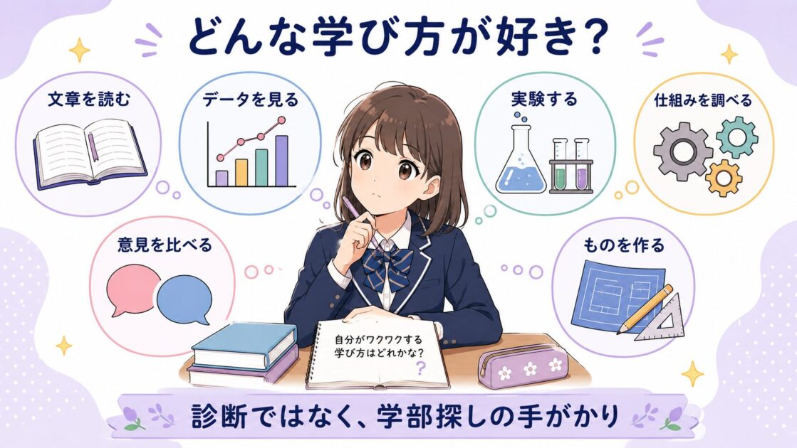 文章、データ、実験、意見の比較、仕組み、ものづくりなど好きな学び方を確認する図