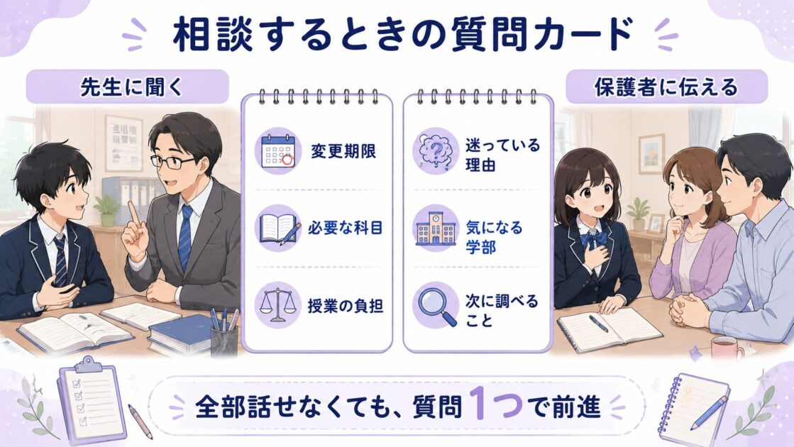 文理選択について先生に聞くことと保護者に伝えることを整理した質問カード
