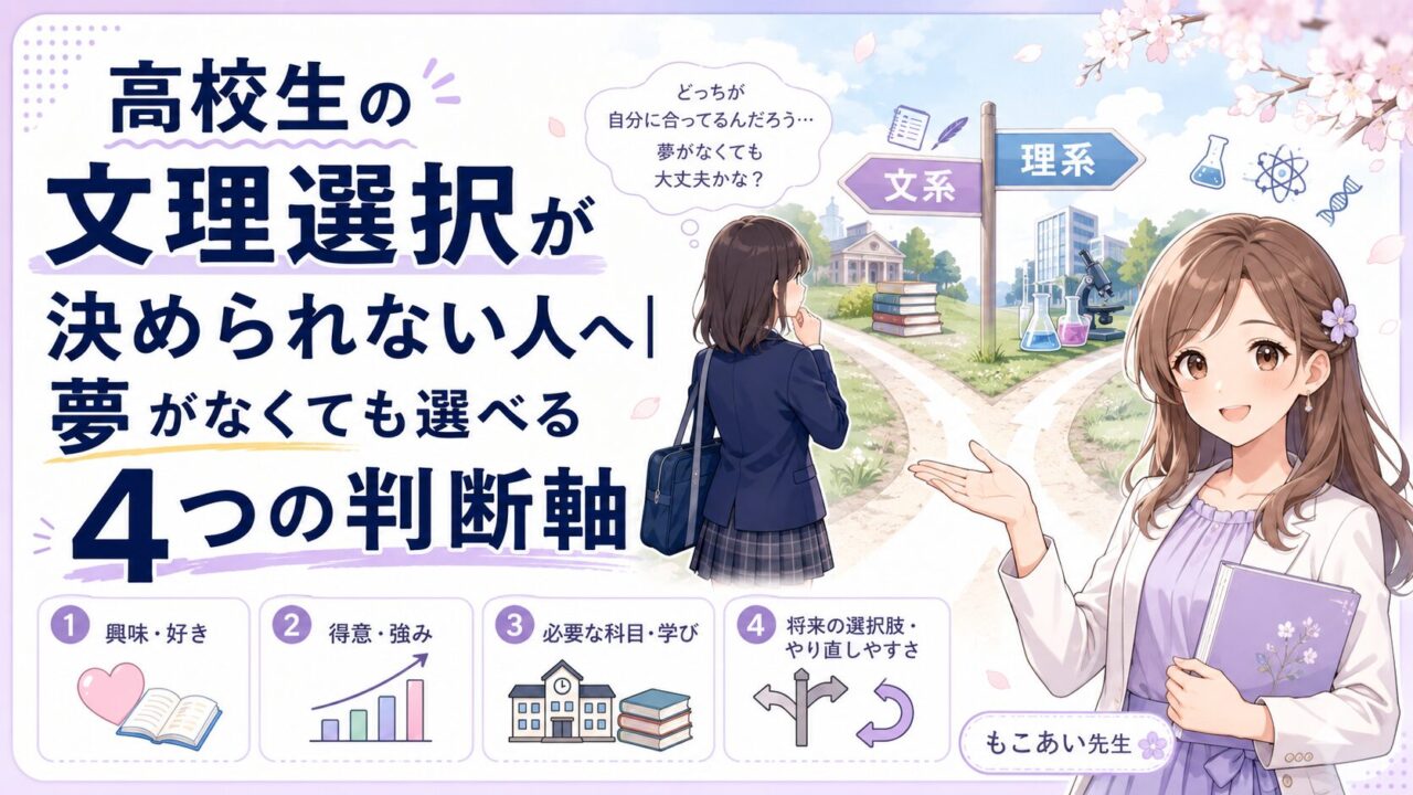 高校生の文理選択が決められない人へ、夢がなくても考えられる4つの判断軸を紹介するアイキャッチ画像