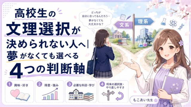 高校生の文理選択が決められない人へ、夢がなくても考えられる4つの判断軸を紹介するアイキャッチ画像