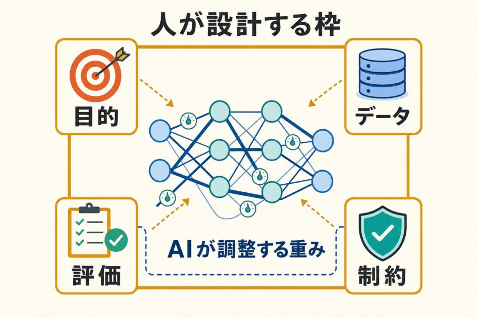 人が目的・データ・評価・制約を設計し、AIが枠内の重みを調整する関係図