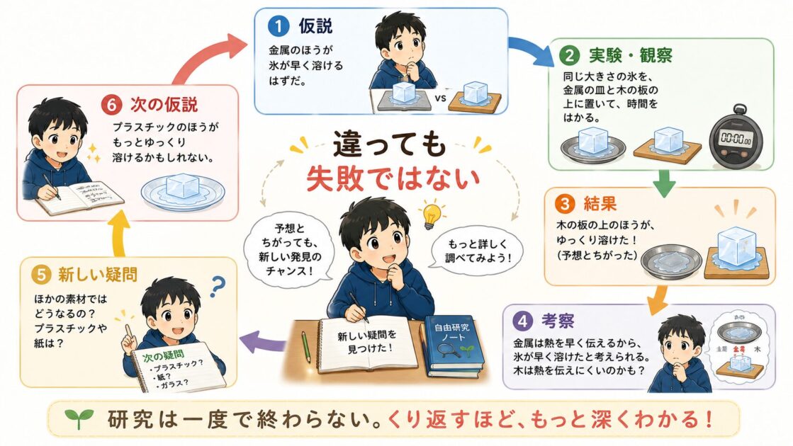 仮説と違う結果から考察し次の疑問と仮説へ進む流れ