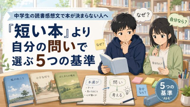 中学生の読書感想文で、短い本より自分の問いから本を選ぶ5つの基準を示したアイキャッチ画像