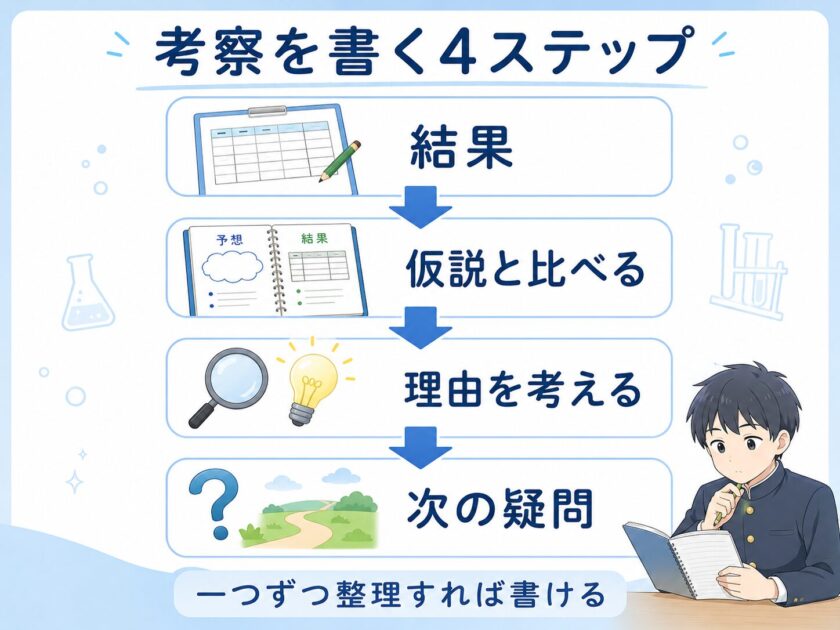 自由研究の考察を結果・仮説との比較・理由・次の疑問の4段階で整理した図