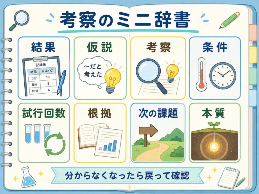 自由研究の考察で使う結果・仮説・条件・根拠・本質などの言葉をまとめた図