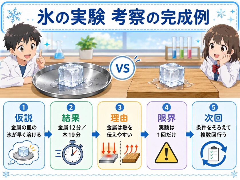 金属と木に置いた氷の実験から仮説・結果・理由・限界・次回の課題を整理した図