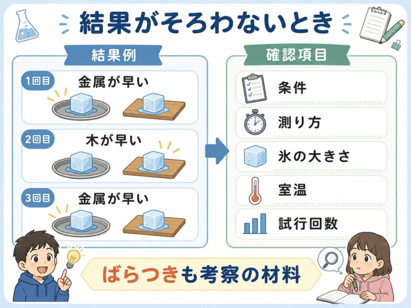 自由研究の結果がばらついたときに条件や測り方を確認する図