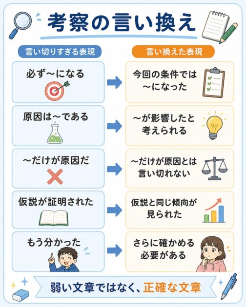 自由研究の考察で言い切りすぎを避けるための言い換え一覧