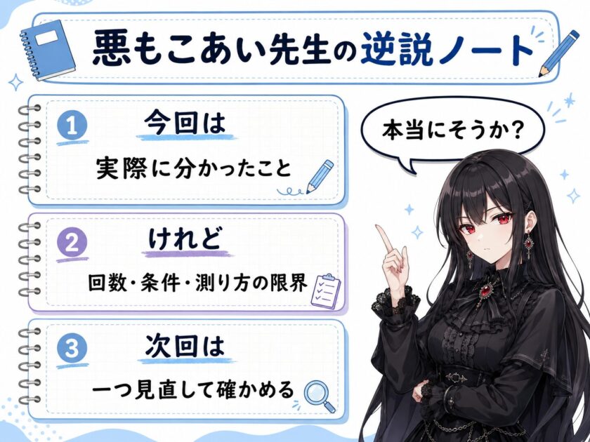 悪もこあい先生が自由研究の結果を今回は・けれど・次回はで問い直す逆説ノート