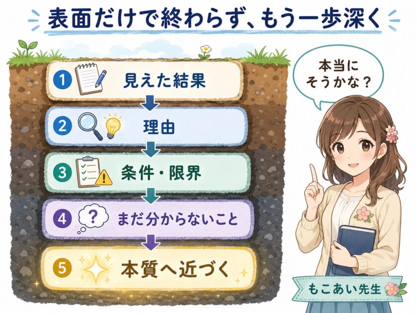 自由研究の結果から理由や条件を確かめ、本質へ近づく考え方を示した図