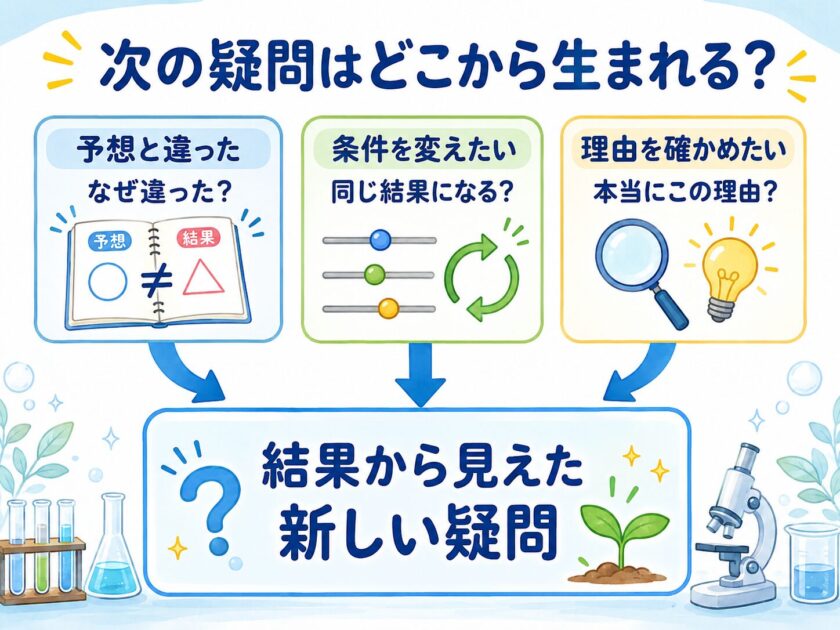 自由研究の結果から新しい疑問が生まれる三つの入口を示した図