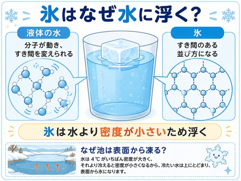 氷が液体の水より密度が小さいため水に浮く仕組みを示した図