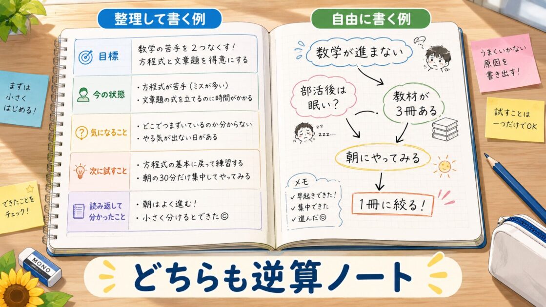 中学生が夏休みの目標、今の状態、気になること、次に試すことを自由に書いた逆算ノートの例