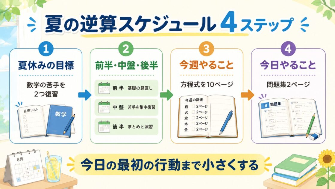 夏休みの終わりの目標から今日やることまで小さくする逆算スケジュール4ステップ