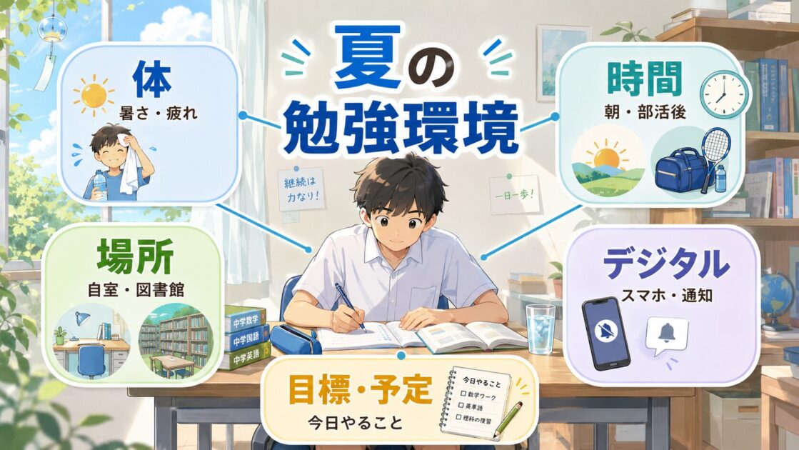 中学生の夏の勉強環境を、体、場所、時間、デジタル、目標の5つに分けた図
