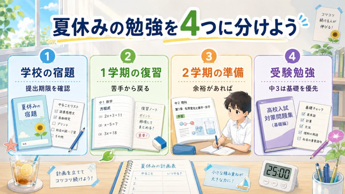 中学生の夏休みの勉強を、宿題、復習、2学期の準備、受験勉強の4つに分けた図