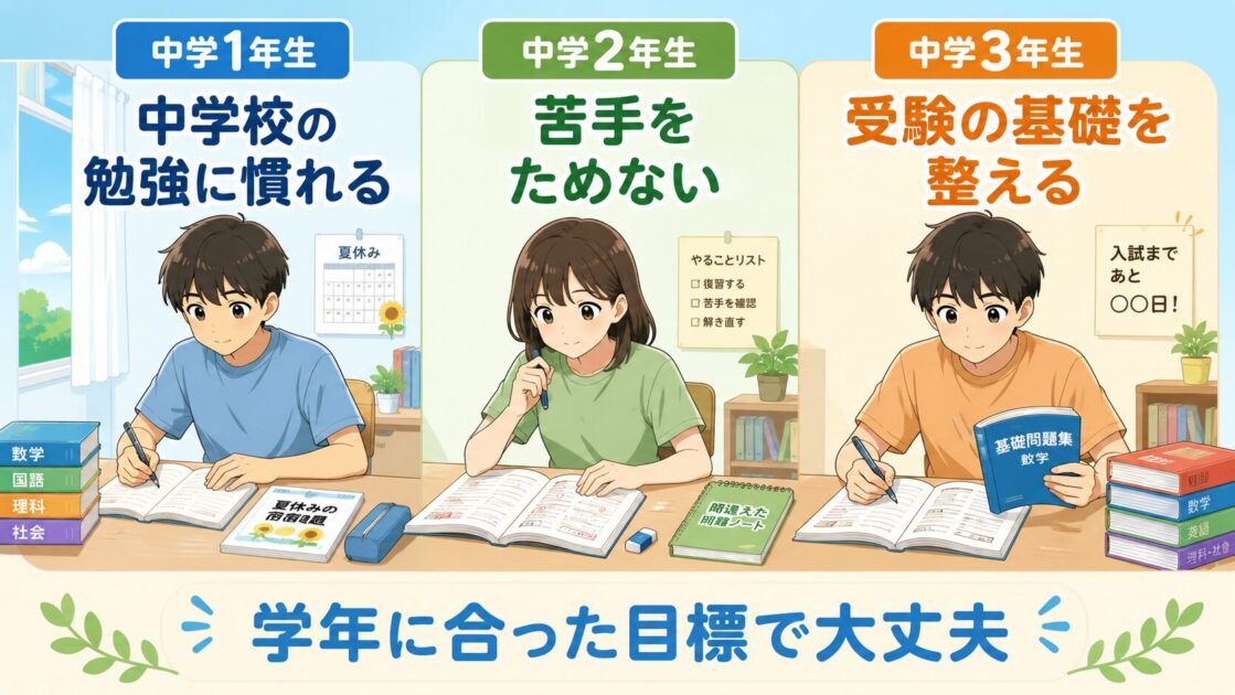 中学1年生、中学2年生、中学3年生の夏休みの勉強目標を比較した図