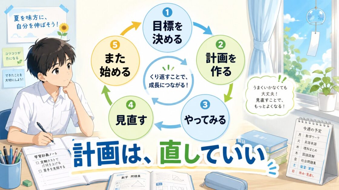 中学生の夏休みの勉強計画を、目標、計画、実行、見直し、再開の順に進める流れ