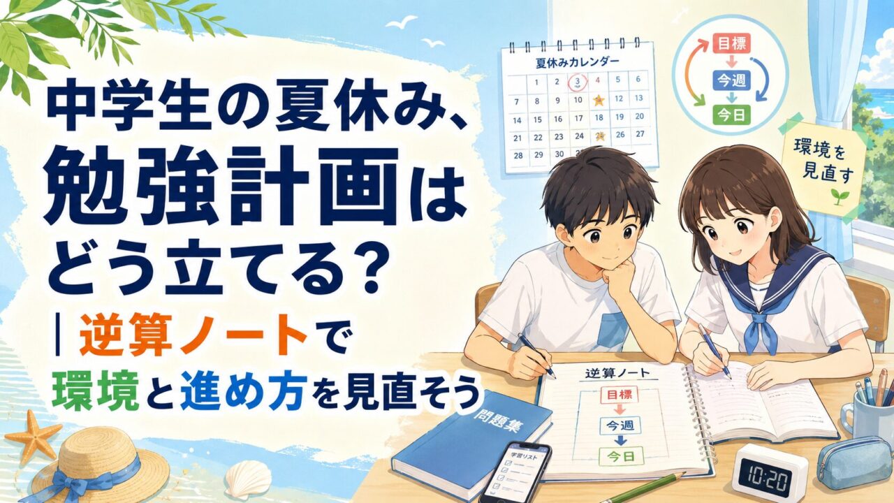 中学生が逆算ノートを使い、夏休みの勉強計画と学習環境を見直しているアイキャッチ画像