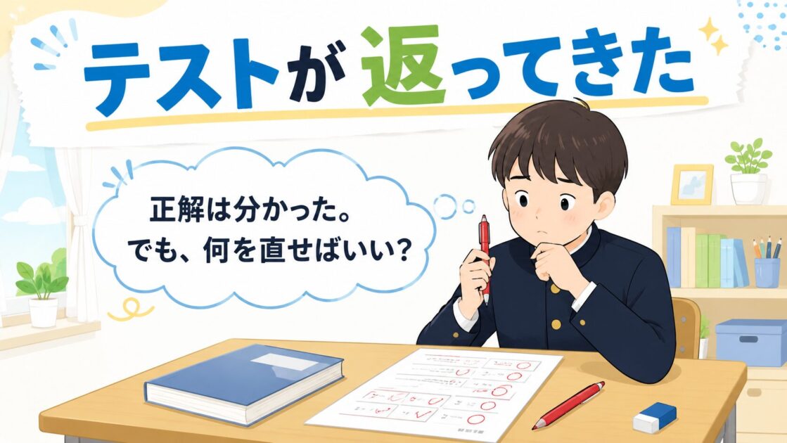 返却されたテストを前に直し方が分からず手が止まっている中学生