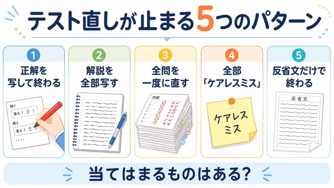 中学生のテスト直しが進まなくなる5つのパターンを示した図