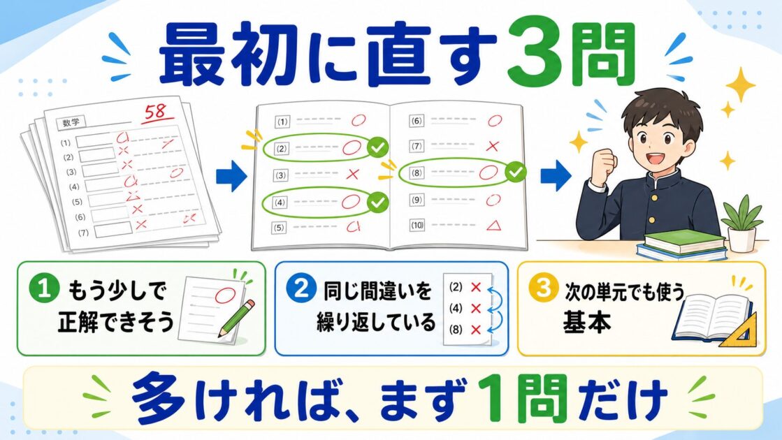 返却されたテストから最初に直す3問を選ぶ基準