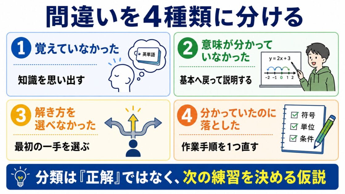 中学生のテストの間違いを学習原因別に4種類へ分けた図