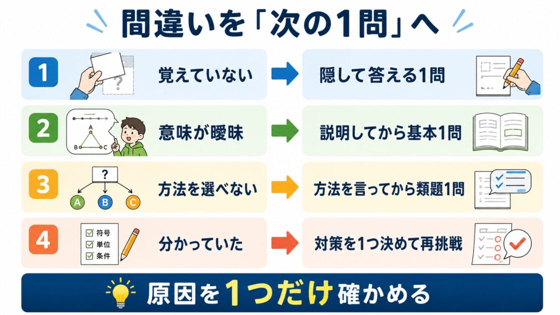 4種類の間違いから原因に合った次の1問を選ぶ対応図