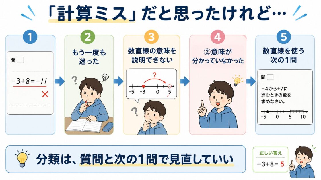 計算ミスに見えた間違いを質問によって意味理解のつまずきと見直す例