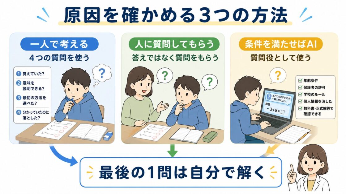 一人・人・AIの3つの方法でテスト直しの原因を確認する図