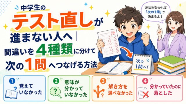 中学生がテストの間違いを4種類に分けて次の1問へつなげる方法を示したアイキャッチ