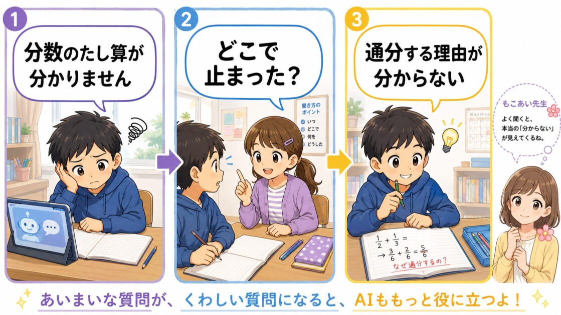 健太が分数のたし算について短く質問し、恵子が困っている場所を聞いて、より分かりやすいAIへの聞き方に直す場面