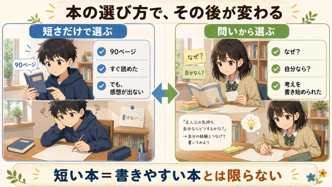 短い本だけで選んだ健太と、問いから本を選んだ恵子の読書感想文本選び比較