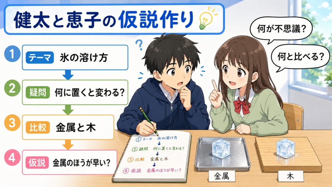 健太と恵子が質問と比較を通して氷の仮説を立てる様子