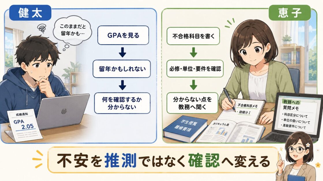 GPAだけを見て不安になる健太と、必修・単位・進級要件を順番に確認する恵子の比較