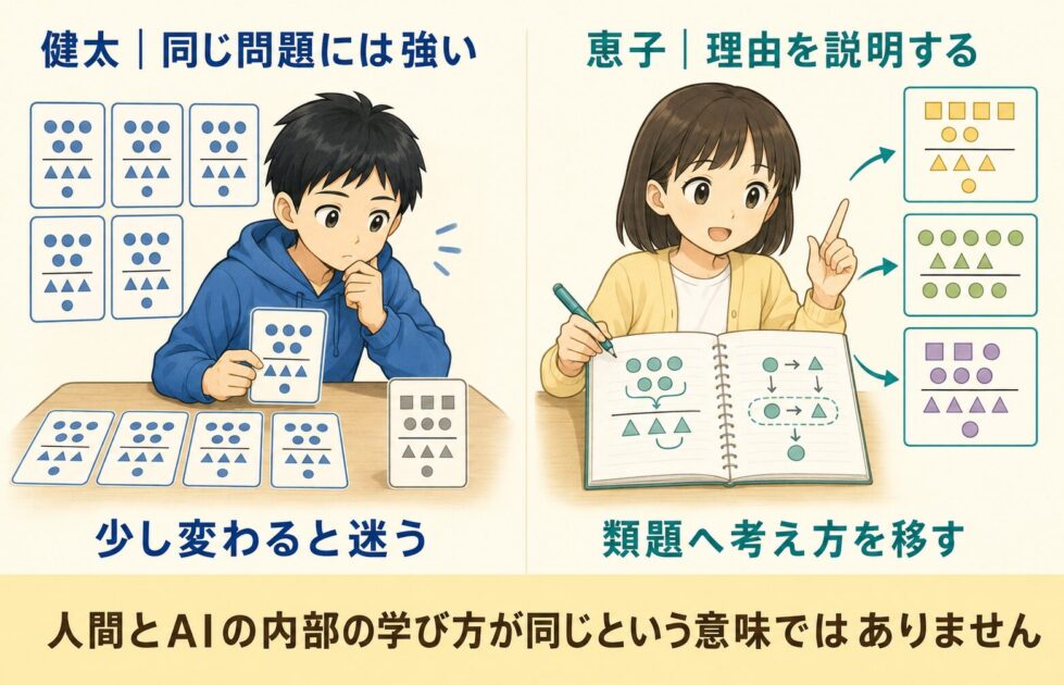 同じ問題への習熟と類題へ考え方を移す学び方の違いを健太と恵子で示した図