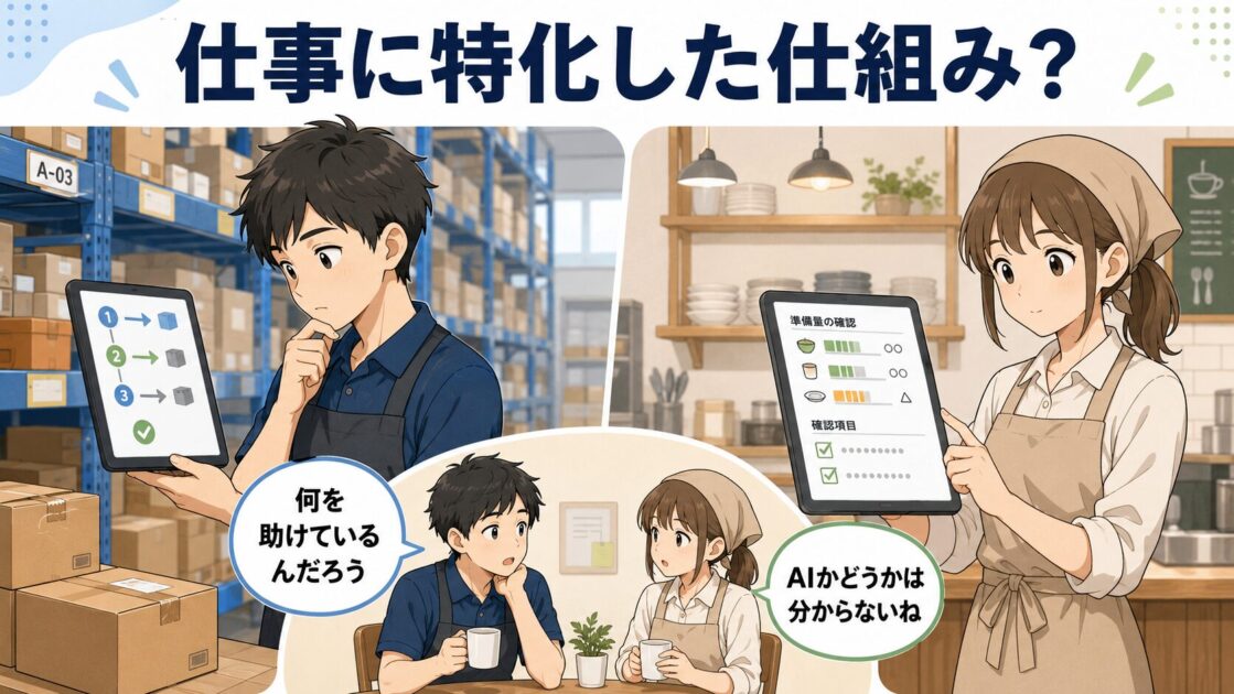 物流倉庫の健太と飲食店の恵子が、仕事に特化した端末やシステムについて話している様子