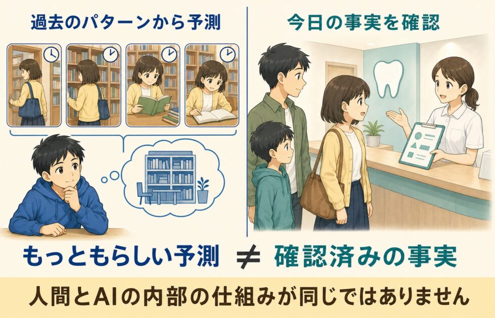 過去のパターンから図書館を予測する健太と、歯医者にいる今日の恵子を比較した図