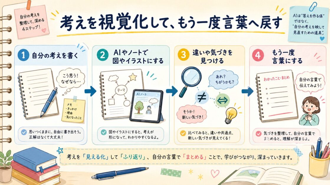 自分の考えを書く、AIやノートで視覚化する、違いに気づく、言葉へ戻す4段階