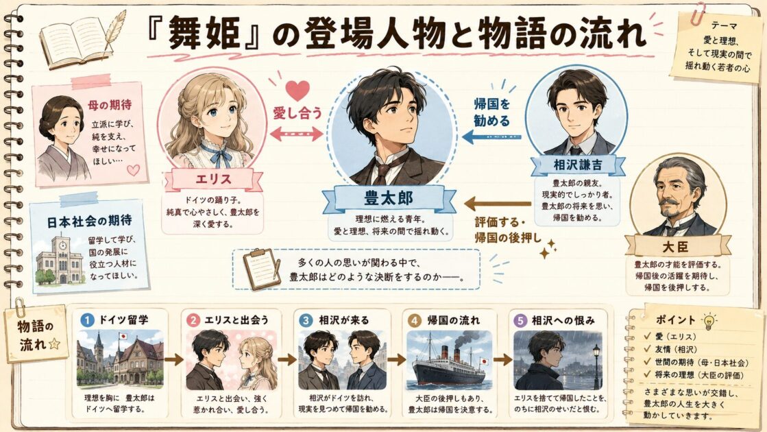 舞姫の豊太郎、エリス、相沢、大臣の関係と物語の流れをまとめた図