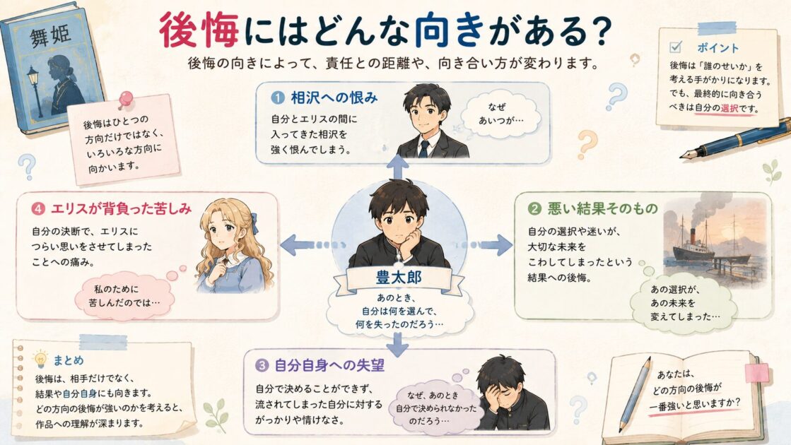 豊太郎の後悔が相沢、悪い結果、自分自身、エリスへ向かう4段階の図
