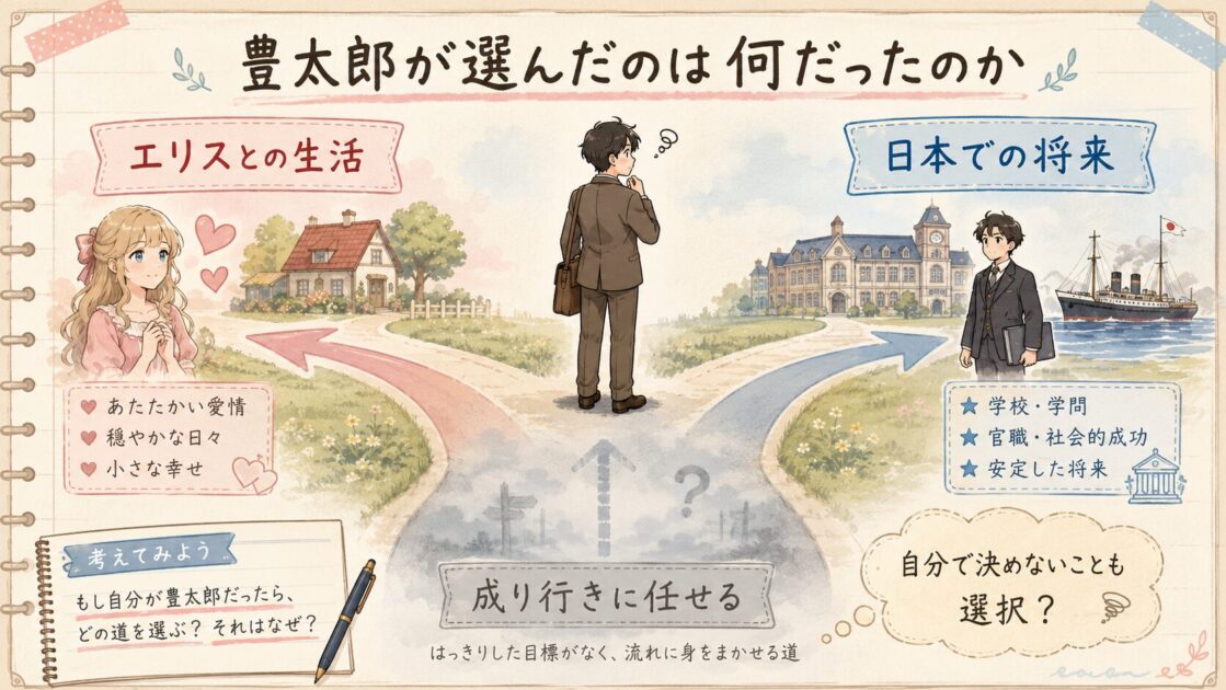 エリスとの生活、日本での将来、成り行きに任せる道の前で立ち止まる豊太郎