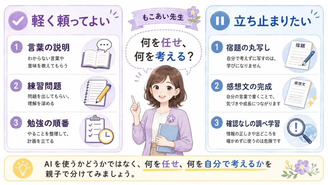 AIに軽く頼ってよい場面と、親子で立ち止まって考えたい場面を左右に比較した図解